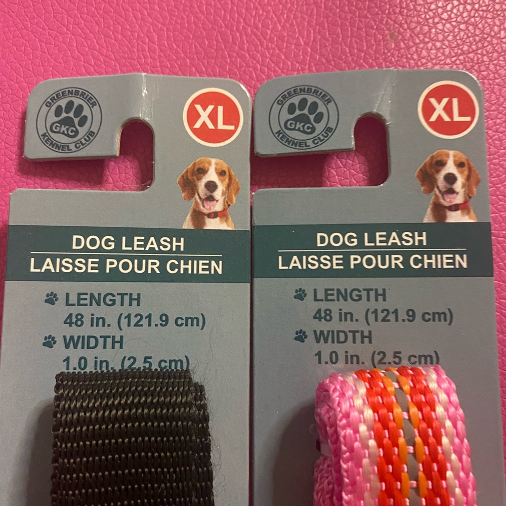 XL pink and black dog leash. Length 48 inch (121.9cm) width 1.0in (2.5 cm)